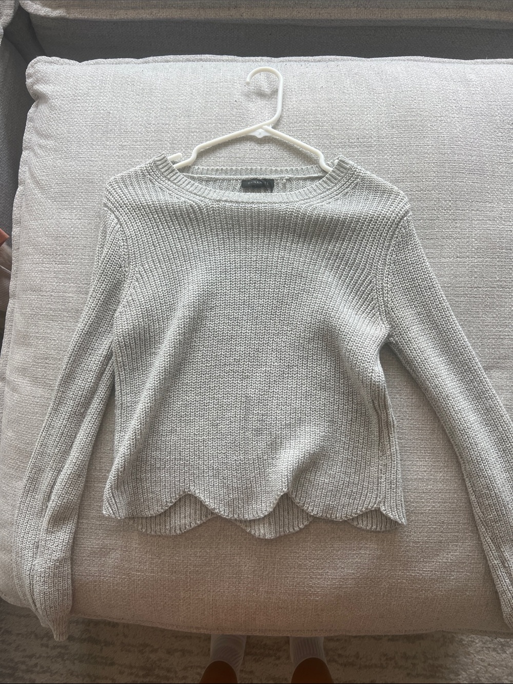 Dynamite Light Gray Scallop Hem Crewneck Sweater